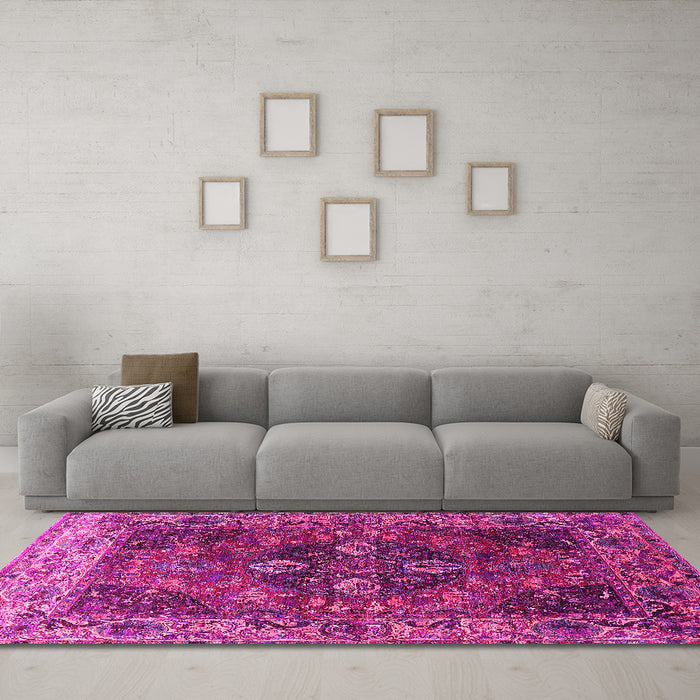 Machine Washable Oriental Pink Industrial Rug in a Living Room, wshurb1538pnk