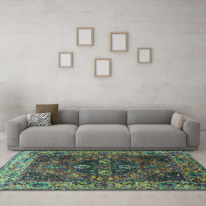 Machine Washable Oriental Turquoise Industrial Area Rugs in a Living Room,, wshurb1538turq