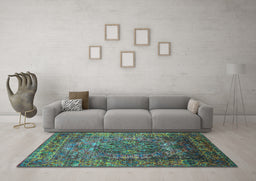 Machine Washable Oriental Turquoise Industrial Area Rugs in a Living Room,, wshurb1539turq