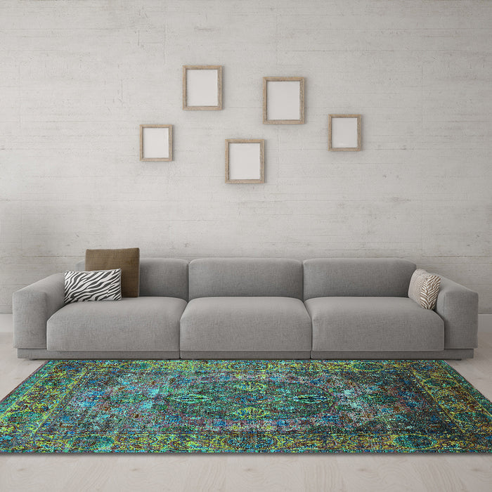 Machine Washable Oriental Turquoise Industrial Area Rugs in a Living Room,, wshurb1539turq