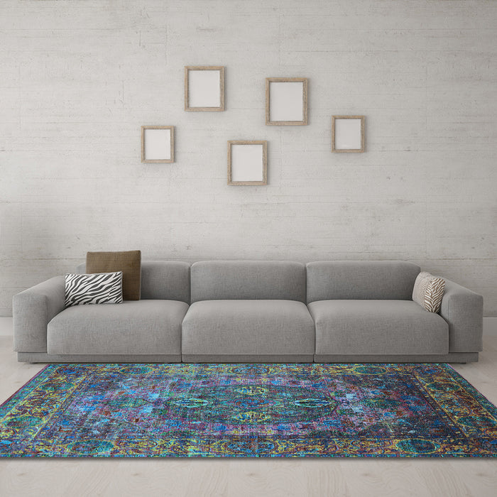 Machine Washable Oriental Light Blue Industrial Rug in a Living Room, wshurb1539lblu