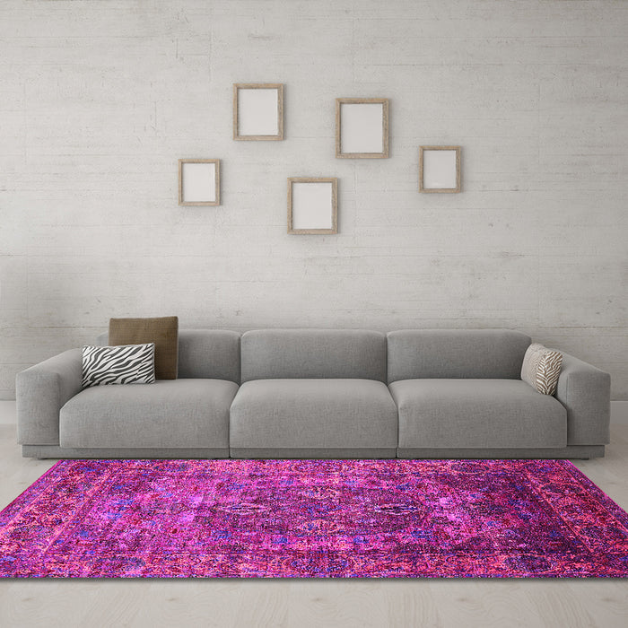 Machine Washable Oriental Pink Industrial Rug in a Living Room, wshurb1539pnk