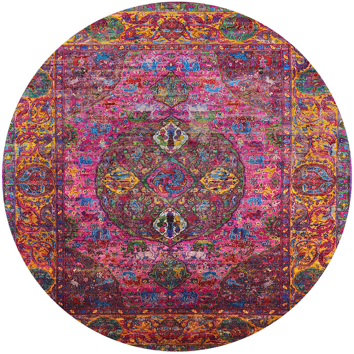 Round Mid-Century Modern Bright Maroon Red Oriental Rug, urb1539