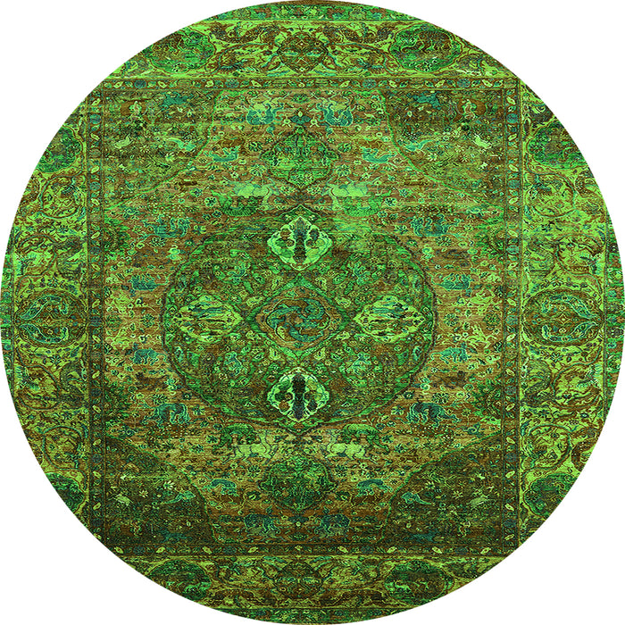 Round Machine Washable Oriental Green Industrial Area Rugs, wshurb1539grn