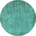 Round Machine Washable Oriental Turquoise Industrial Area Rugs, wshurb1544turq