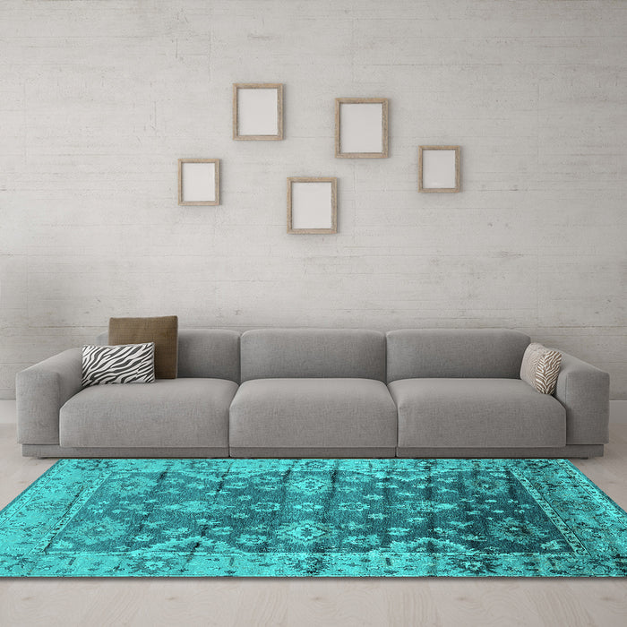 Machine Washable Oriental Turquoise Industrial Area Rugs in a Living Room,, wshurb1547turq