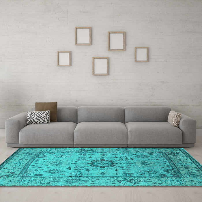 Machine Washable Oriental Turquoise Industrial Area Rugs in a Living Room,, wshurb1548turq