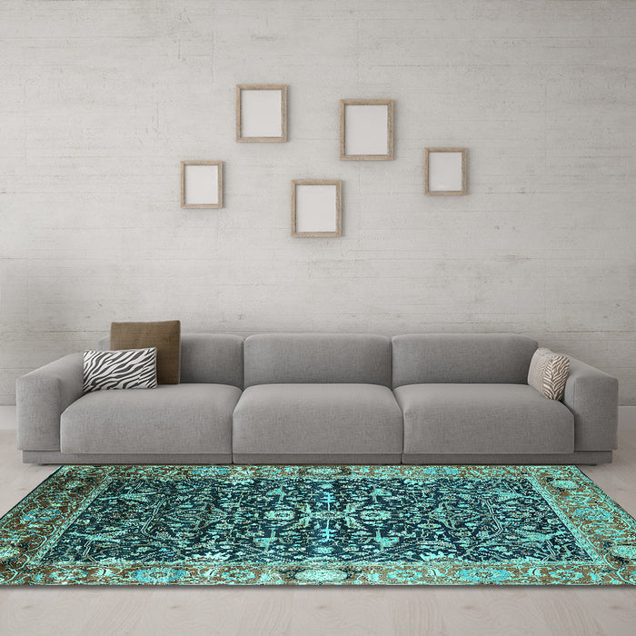 Machine Washable Oriental Turquoise Industrial Area Rugs in a Living Room,, wshurb1550turq