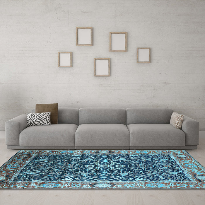 Machine Washable Oriental Light Blue Industrial Rug in a Living Room, wshurb1550lblu