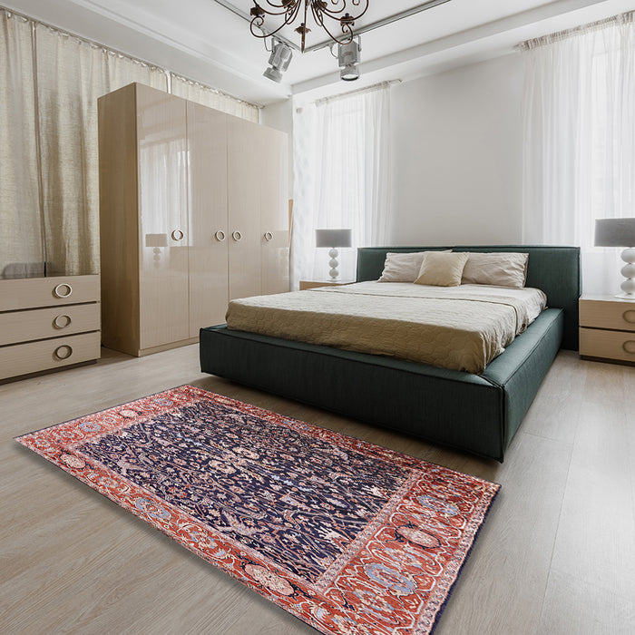 Mid-Century Modern Red Oriental Rug in a Bedroom, urb1550