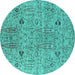 Round Machine Washable Oriental Turquoise Industrial Area Rugs, wshurb1552turq