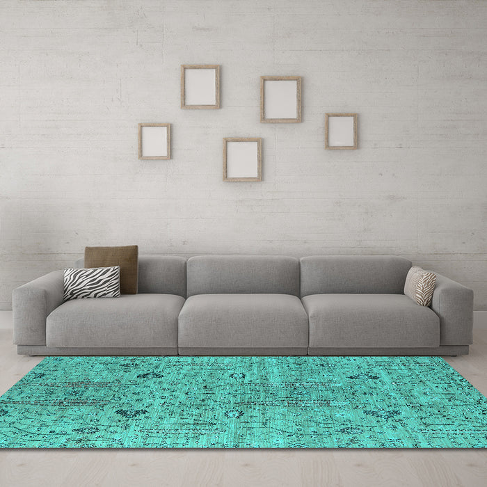 Machine Washable Oriental Turquoise Industrial Area Rugs in a Living Room,, wshurb1552turq