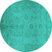 Round Machine Washable Oriental Turquoise Industrial Area Rugs, wshurb1558turq