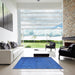 Square Mid-Century Modern Neon Blue Oriental Rug in a Living Room, urb1565