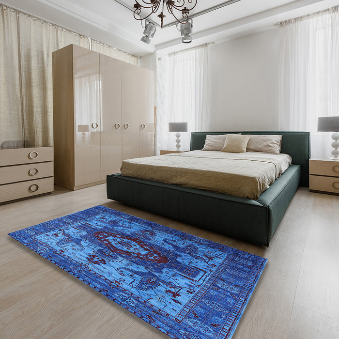 Machine Washable Industrial Modern Denim Dark Blue Rug in a Bedroom, wshurb1567