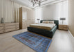 Mid-Century Modern Blue Moss Green Oriental Rug in a Bedroom, urb1573