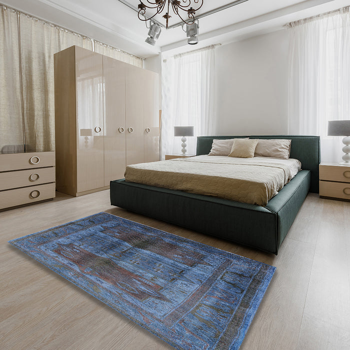 Mid-Century Modern Blue Moss Green Oriental Rug in a Bedroom, urb1573