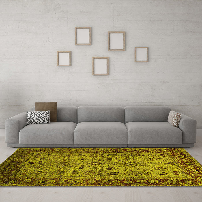 Machine Washable Oriental Yellow Industrial Rug in a Living Room, wshurb1579yw