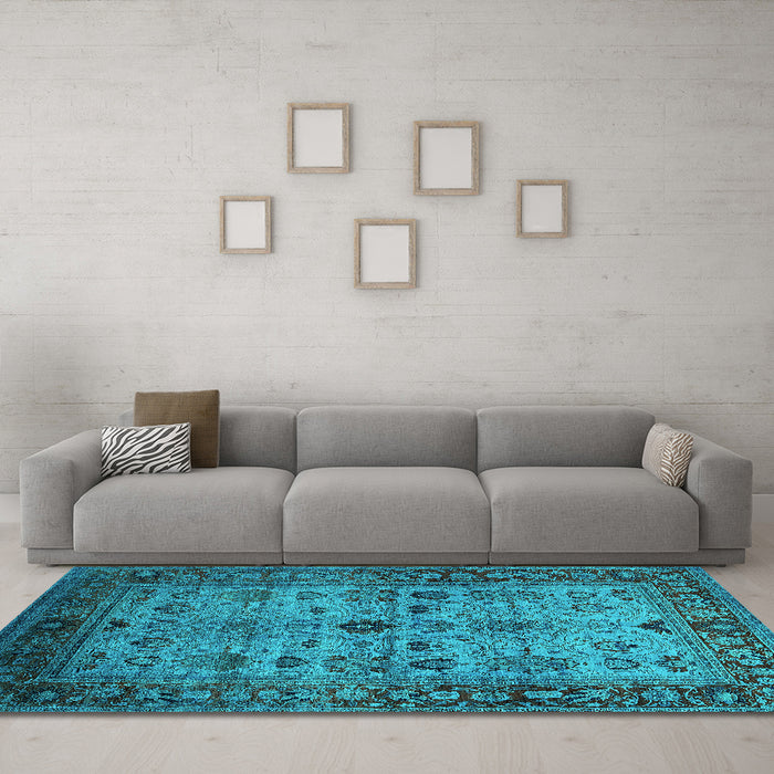 Machine Washable Oriental Turquoise Industrial Area Rugs in a Living Room,, wshurb1579turq