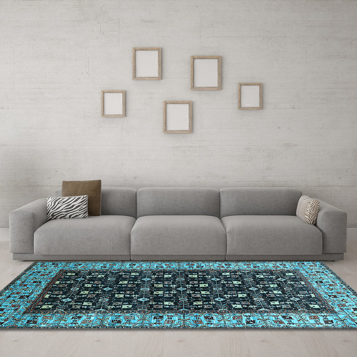 Machine Washable Oriental Light Blue Industrial Rug in a Living Room, wshurb1580lblu