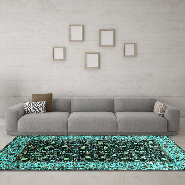 Machine Washable Oriental Turquoise Industrial Area Rugs in a Living Room,, wshurb1580turq