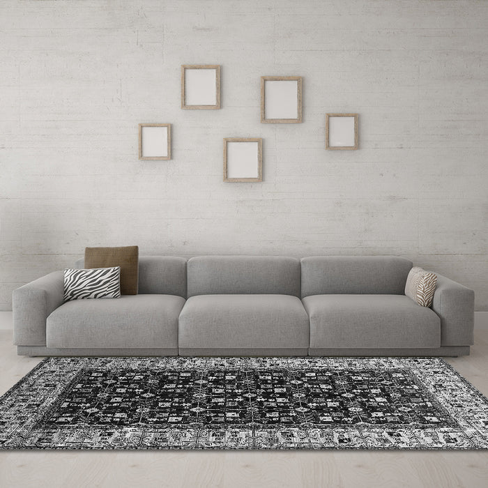 Machine Washable Oriental Gray Industrial Rug in a Living Room,, wshurb1580gry