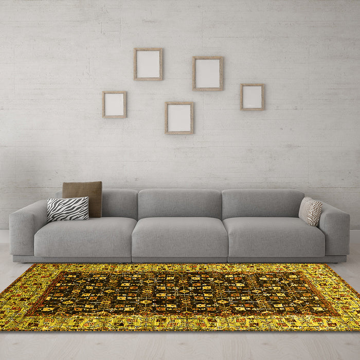Machine Washable Oriental Yellow Industrial Rug in a Living Room, wshurb1580yw