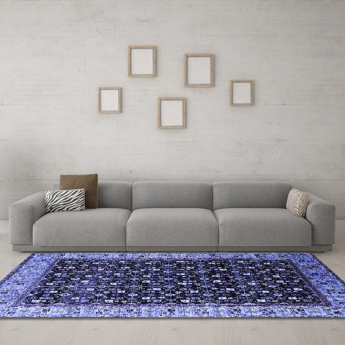 Machine Washable Oriental Blue Industrial Rug in a Living Room, wshurb1581blu