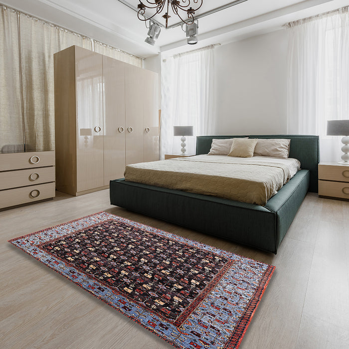 Machine Washable Industrial Modern Rosy Brown Pink Rug in a Bedroom, wshurb1581