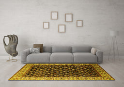 Machine Washable Oriental Yellow Industrial Rug in a Living Room, wshurb1581yw