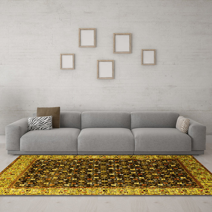 Machine Washable Oriental Yellow Industrial Rug in a Living Room, wshurb1581yw