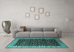 Machine Washable Oriental Turquoise Industrial Area Rugs in a Living Room,, wshurb1581turq