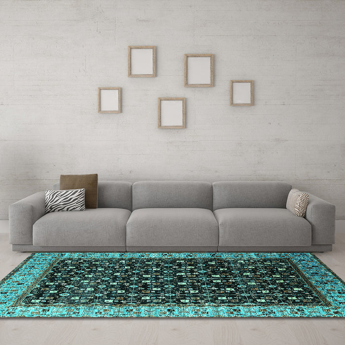 Machine Washable Oriental Turquoise Industrial Area Rugs in a Living Room,, wshurb1581turq