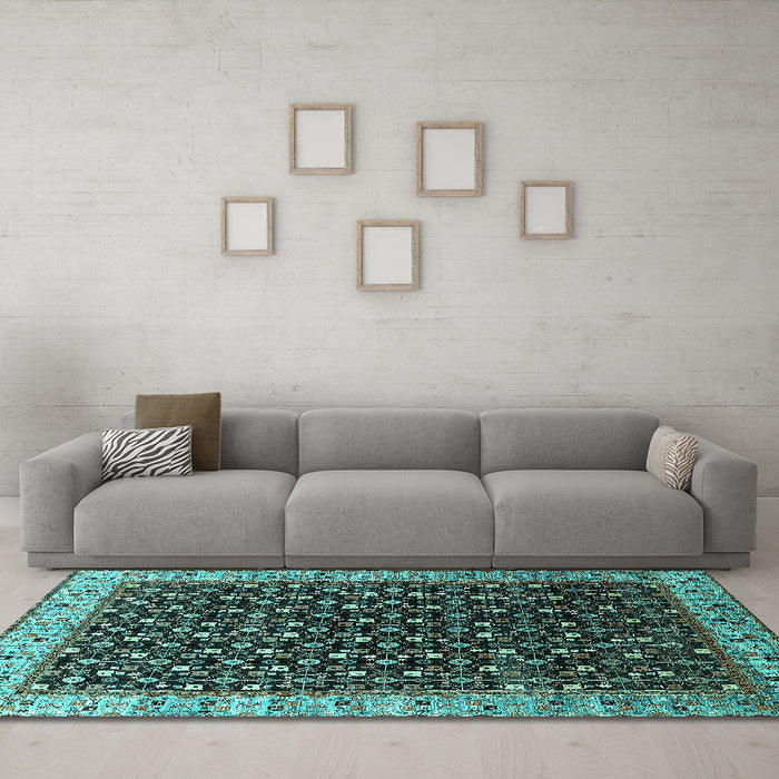 Machine Washable Oriental Turquoise Industrial Area Rugs in a Living Room,, wshurb1582turq