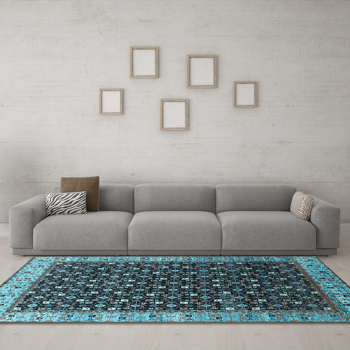 Machine Washable Oriental Light Blue Industrial Rug in a Living Room, wshurb1582lblu