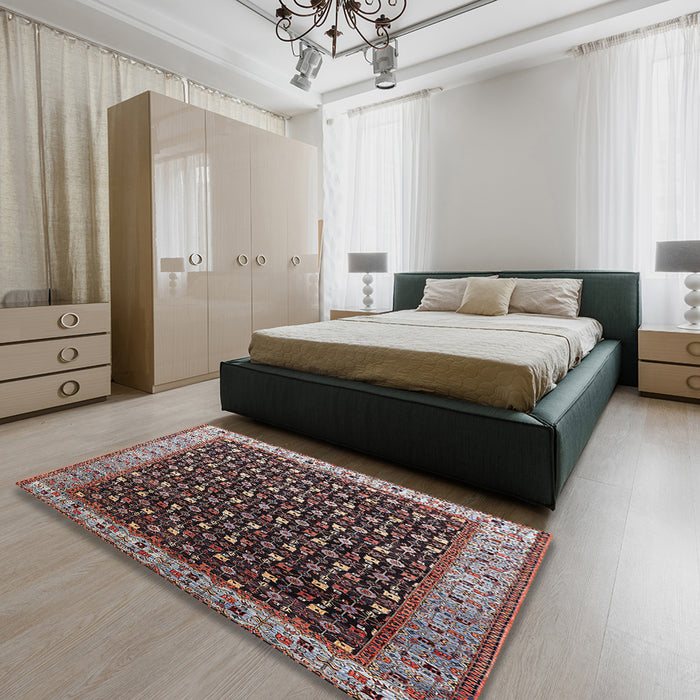 Mid-Century Modern Rosy Brown Pink Oriental Rug in a Bedroom, urb1582