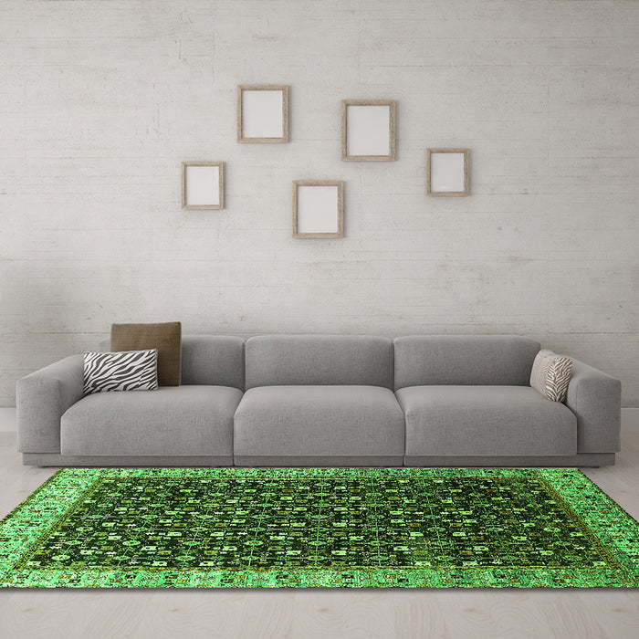 Machine Washable Oriental Green Industrial Area Rugs in a Living Room,, wshurb1582grn