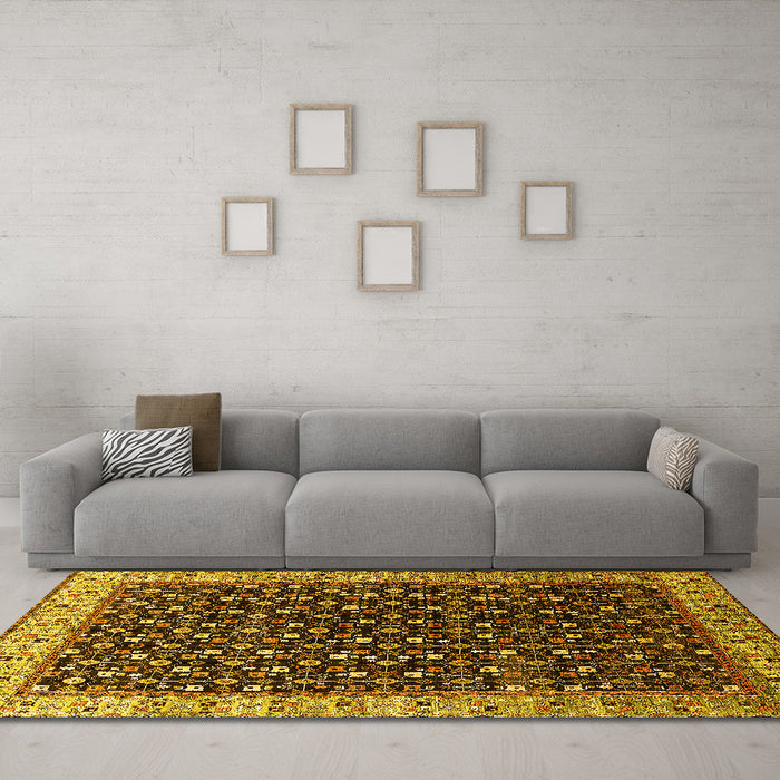 Machine Washable Oriental Yellow Industrial Rug in a Living Room, wshurb1582yw