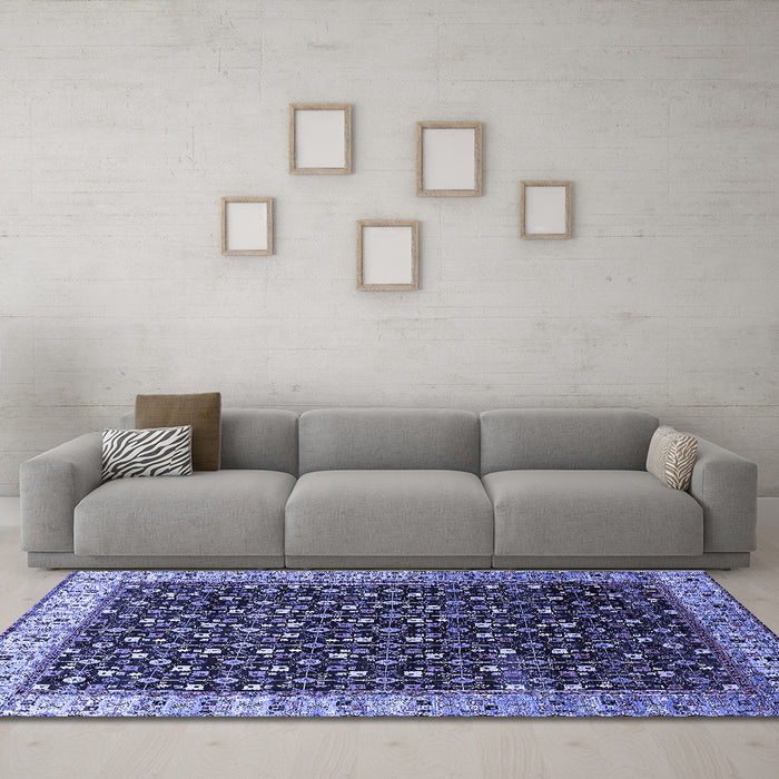 Machine Washable Oriental Blue Industrial Rug in a Living Room, wshurb1582blu