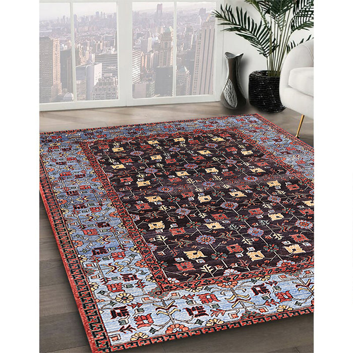 Mid-Century Modern Gunmetal Gray Oriental Rug in Family Room, urb1583