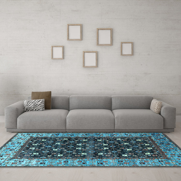Machine Washable Oriental Light Blue Industrial Rug in a Living Room, wshurb1583lblu
