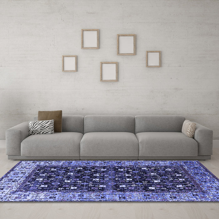 Machine Washable Oriental Blue Industrial Rug in a Living Room, wshurb1583blu