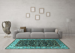 Machine Washable Oriental Turquoise Industrial Area Rugs in a Living Room,, wshurb1583turq