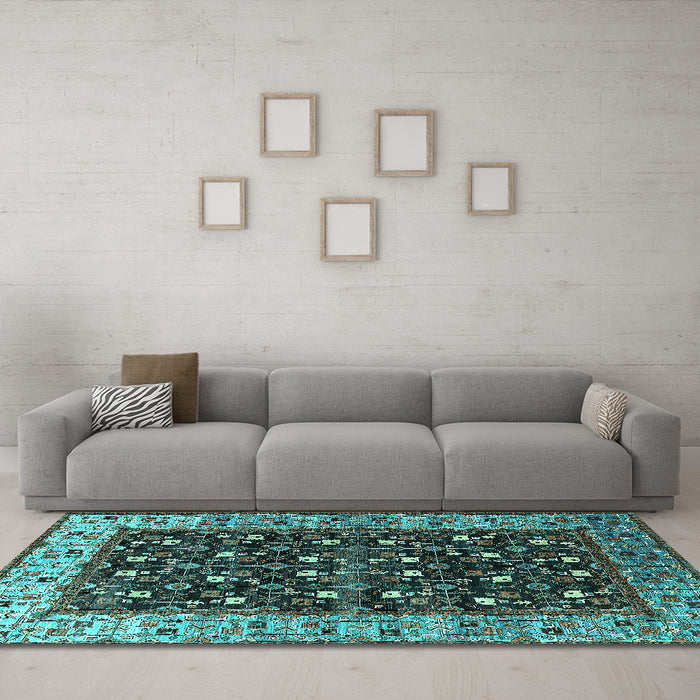 Machine Washable Oriental Turquoise Industrial Area Rugs in a Living Room,, wshurb1583turq