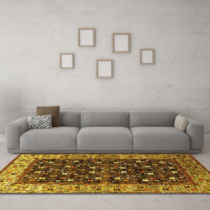 Machine Washable Oriental Yellow Industrial Rug in a Living Room, wshurb1583yw