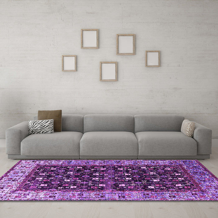 Machine Washable Oriental Purple Industrial Area Rugs in a Living Room, wshurb1583pur
