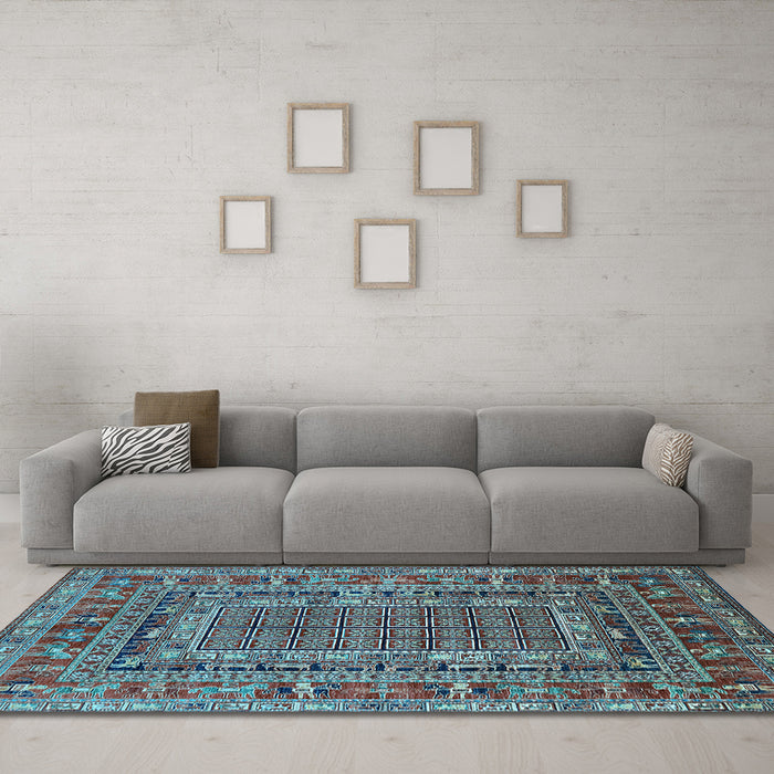 Machine Washable Oriental Light Blue Industrial Rug in a Living Room, wshurb1584lblu