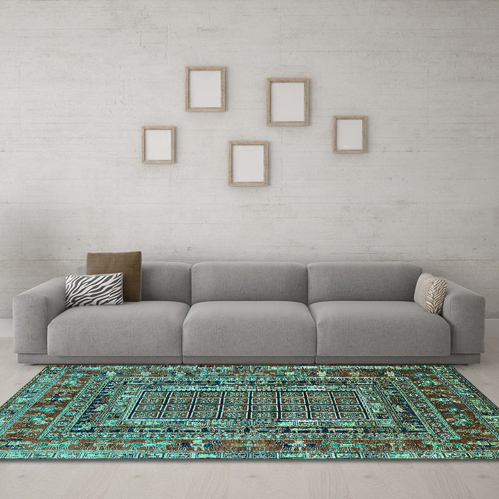 Machine Washable Oriental Turquoise Industrial Area Rugs in a Living Room,, wshurb1584turq