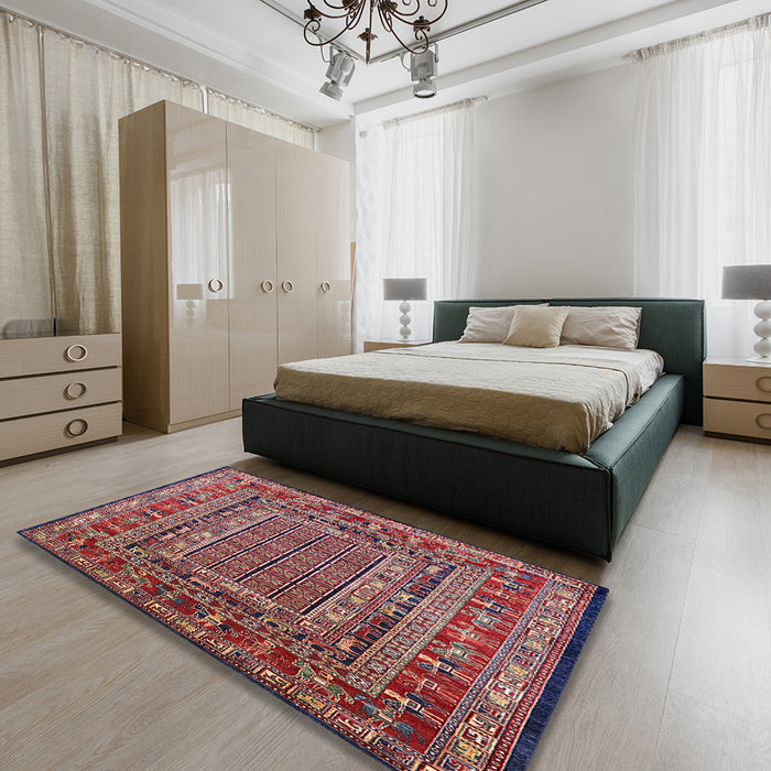 Mid-Century Modern Pink Oriental Rug in a Bedroom, urb1584