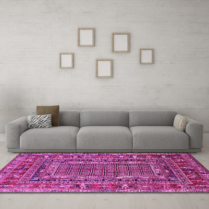 Machine Washable Oriental Pink Industrial Rug in a Living Room, wshurb1584pnk